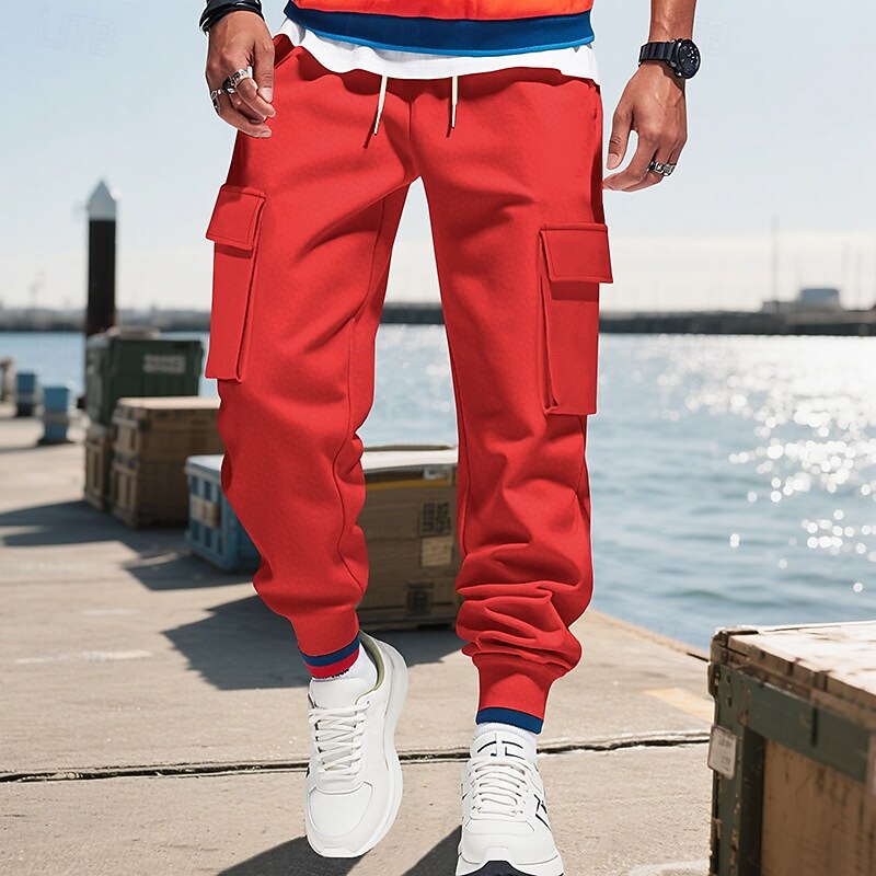 Men's Cargo Pants Joggers Trousers Cargo Sweatpants Elastic Waist Drawstring Multi Pocket Plain Wearable Outdoor Daily Camping & Hiking Fashion Classic Black Red2