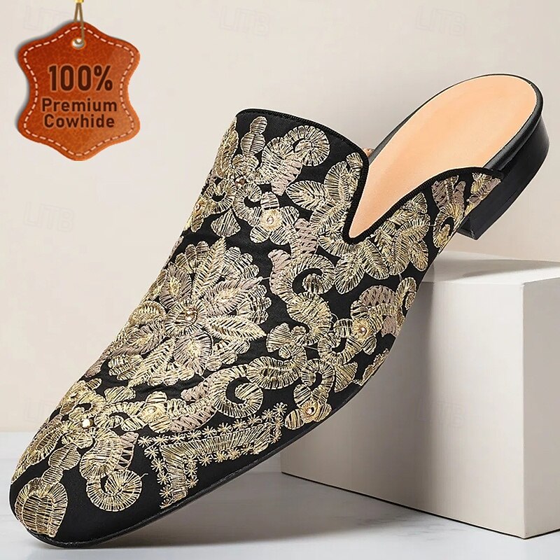 Men's Black Premium Cowhide Mules with Gold Floral Embroidery – Luxury Slip-Ons for Formal Parties, Cocktail Events and Special Occasions