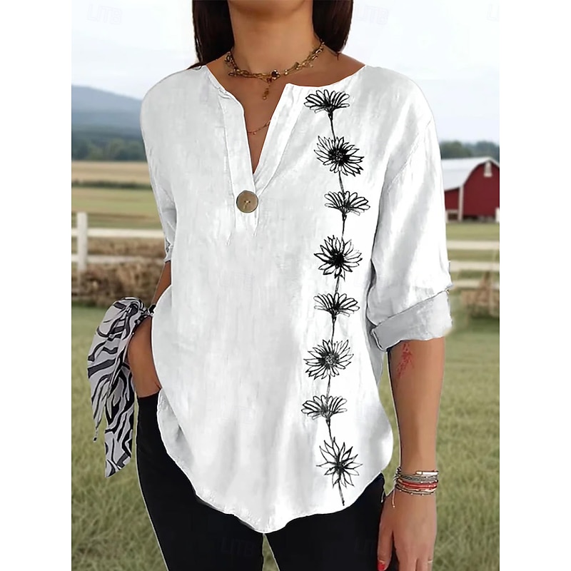 Women's Shirt Long Sleeve  V Neck Floral Graphic Vintage Tropical Hawaiian 3/4 Length Sleeve Crew Neck Regular Tops Daily Holiday Beach Wear Print White Pink Royal Blue Purple Green Summer Spring2