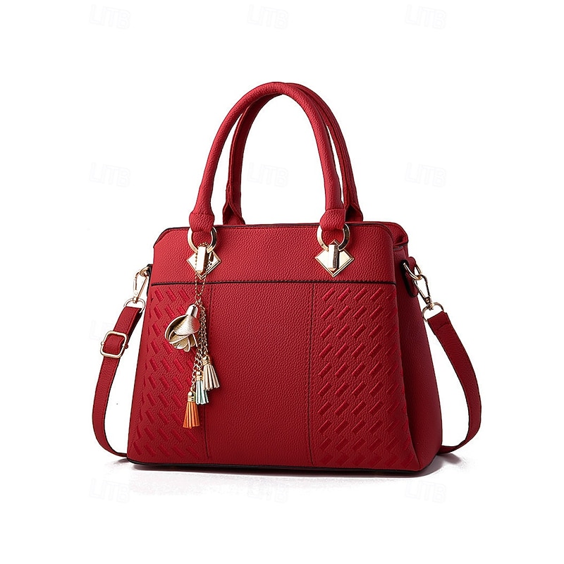 Women's Faux Leather Handbag with Tassel Charm and Textured Panels – Elegant Structured Shoulder Tote Bag for Office Work and Business Travel