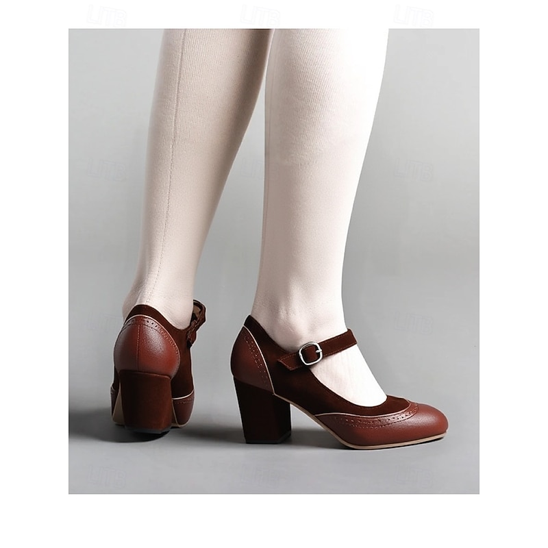 Women's Vintage Gatsby Brown Mary Jane Heels-Retro Chunky Heel Pumps for Office and Casual Wear2