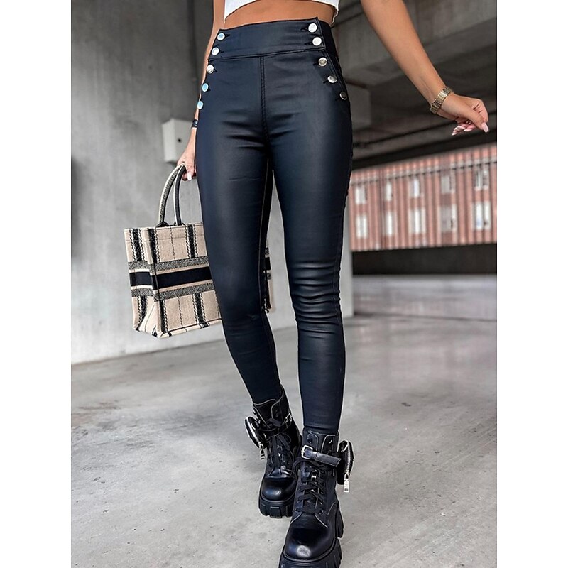 Women's Leather Pants Leggings Fashion Streetwear Full Length High Waist Plain Comfy Soft Comfortable Micro-elastic Outdoor Street Wine Black Khaki Summer Spring Skinny3