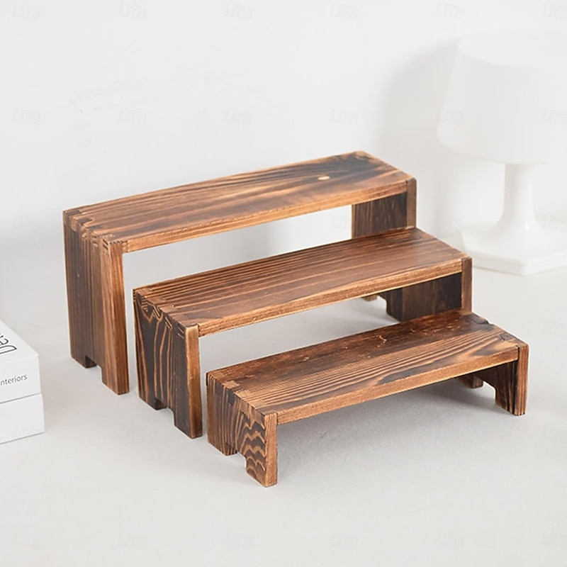 3-Piece  Wooden Riser Display Stands for Vendor Events, Rustic Wood Shelf Rack for Cupcakes, Perfume, Flowers, Collectibles