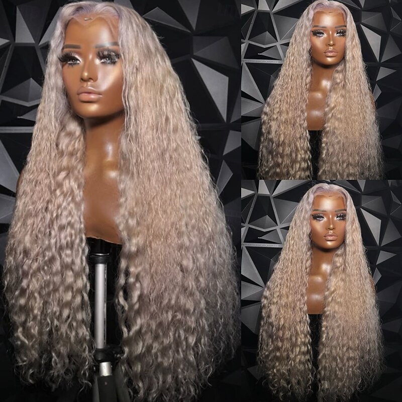 100% Virgin Remy Human Hair 5x5 Closure Glueless Wigs 13x4 Lace Front Human Hair Wig  Curly Ash Blonde Wig with Baby Hair Natural Hairline  Pre-Plucked For Women