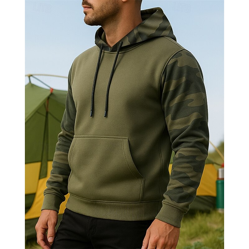 Men's Hoodie Hiking Sweatshirt Hiking top Long Sleeve Hooded Top Outdoor Lightweight Elastic Breathable Pullover Polyester Camo Black Army Green Khaki Tennis Golf Running3