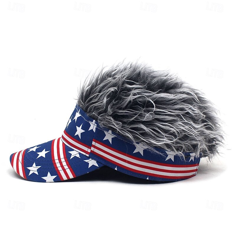 Men's Visor Hat with Spiked Wigs Fake Hair Visor Wig Men Sun Hat Baseball Cap Wig Hat Coffee Gray Polyester / Cotton Blend Print Fashion Casual Daily Independence Day American Flag Adjustable3