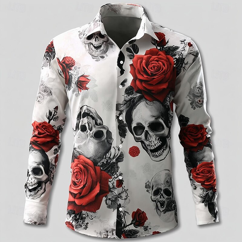 Men's Skeleton Halloween Costumes Day of the Dead Shirt Button Up Shirt Long Sleeve Dark Gothic Style Holiday Streetwear Summer Spring Turndown 3D Print Collared Shirts White+Black White2