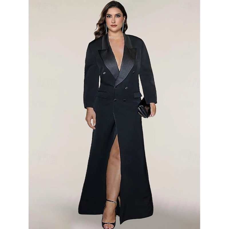 Tuxedo Dress Mermaid / Trumpet Wedding Guest Satin Elegant Long Sleeve Floor Length Peak Lapel Double Breasted3