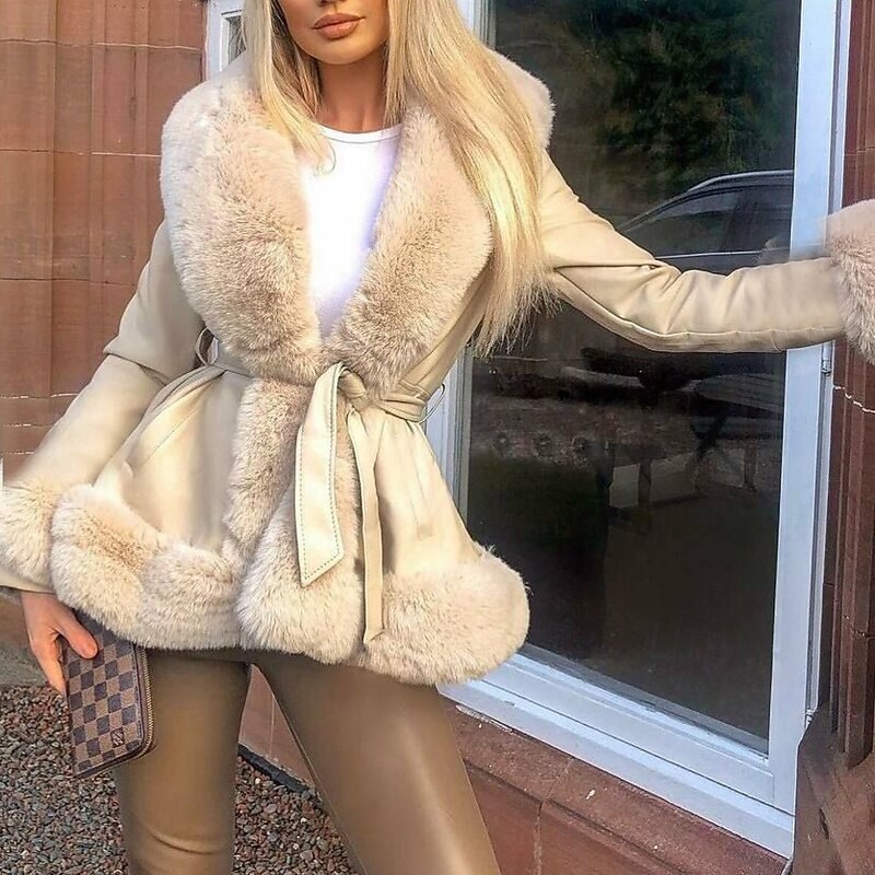Women's Casual Jacket Warm Comfortable Fur Collar Fashion Plain Going out Weekend Walking Regular Turndown Regular Fit Long Sleeve Outerwear Black Brown Beige Fall Winter