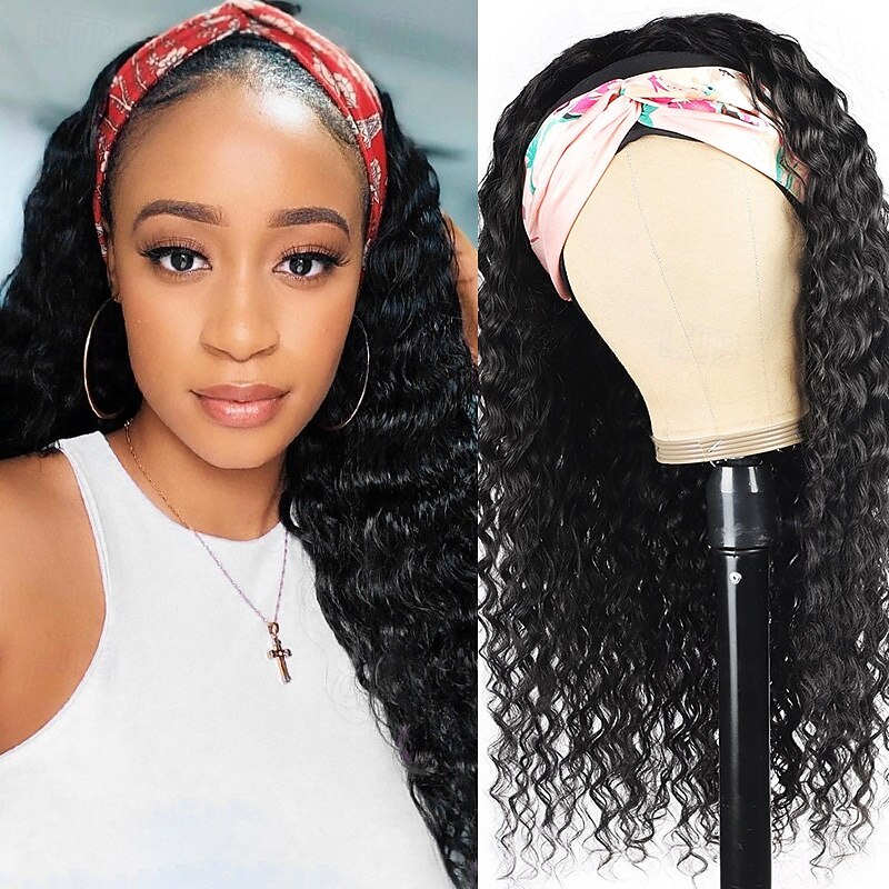 Full Mechanism Natural Color Headband Human Hair Wig Deep Wave Wig 150% Density