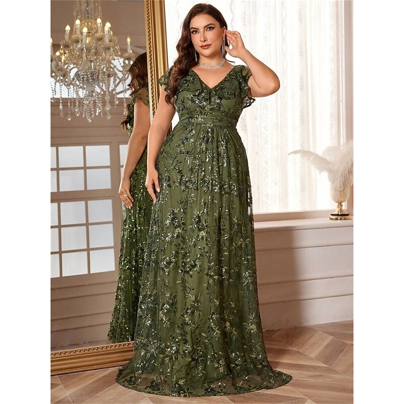 A-Line Plus Size Dresses Elegant Curve Dress Formal Wedding Floor Length Short Sleeve V Neck Polyester V Back with Sequin