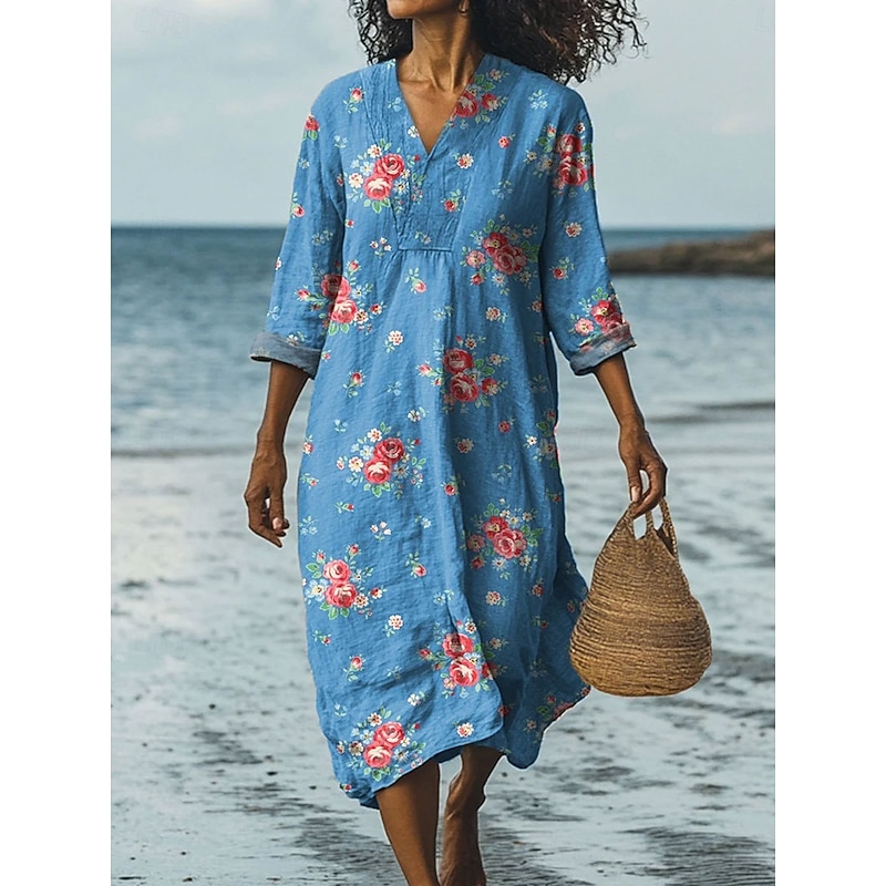 Women's Midi Dress V Neck Long Sleeve Kaftan Lightweight Loose Fit A Line Dress Casual Going out Floral Graphic Long Sleeve V Neck Red Blue Green2