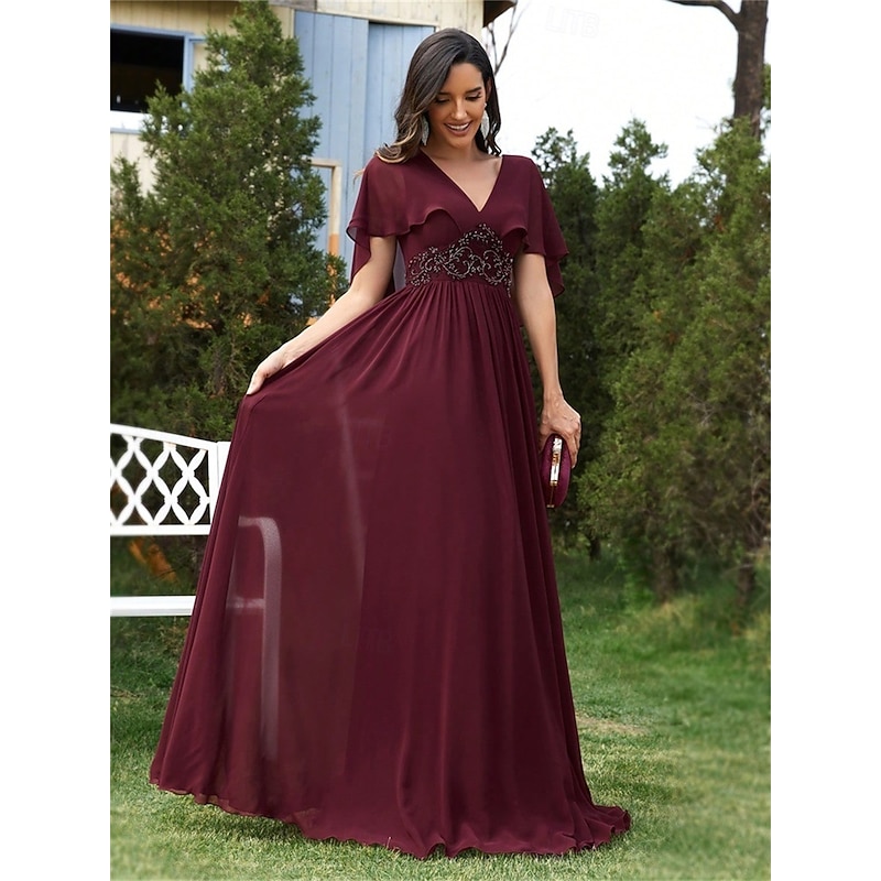 A-Line Quinceanera Dresses Elegant Dress Formal Wedding Floor Length Short Sleeve V Neck Chiffon Backless with Pleats Appliques4