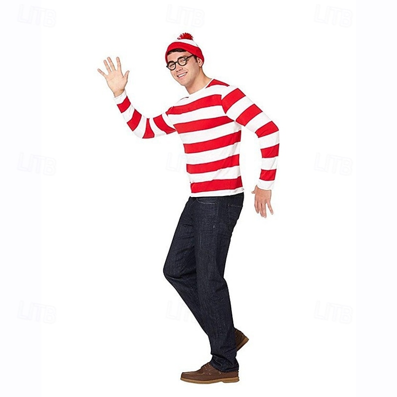 Where's Wally Cosplay Group Costume Storybook Characters Casual Movie Cosplay for Men's Women's Boys Kid's Adults' Halloween Carnival World Book Day Performance Educational Dress Up School Event4