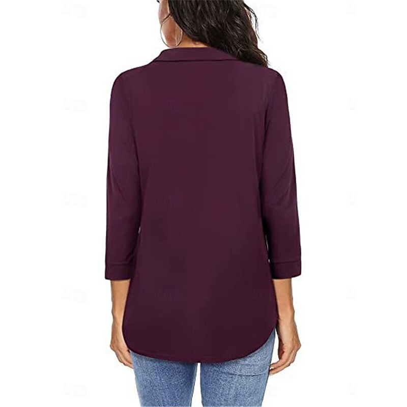 Women's Shirt Solid Color Elegant Stylish Basic 3/4 Length Sleeve V Neck Regular Tops Daily Black Wine Blue Green Spring Fall2