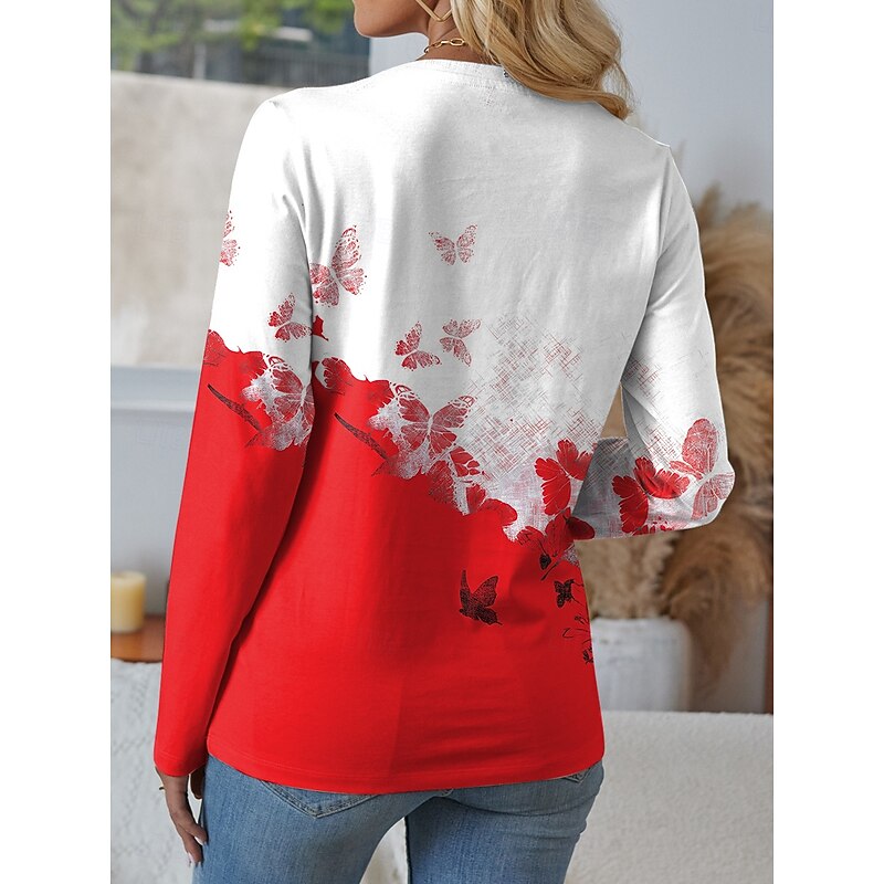 Women's T shirt Long Sleeve Crew Neck Long Sleeve Tunic Graphic Butterfly Plants Vintage Stylish Classic Regular Tops Daily Weekend Print Black Red Purple Brown Green Prefall2