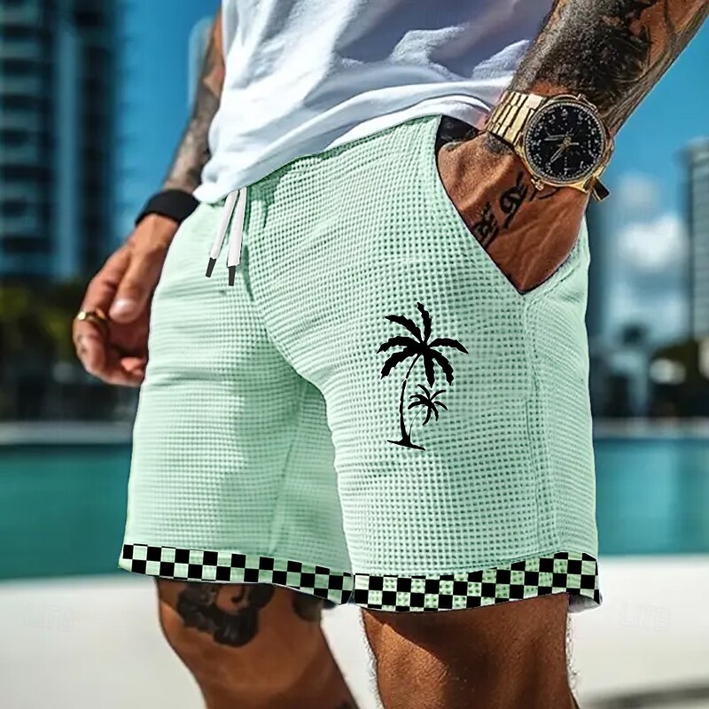 Men's Coconut Tree Check Grid / Plaid Waffle Shorts Sweat Shorts Casual Shorts Mid Waist Hawaiian Vacation Jogging Workout Elastic Drawstring Waist Shorts with Pockets Designer Clothing Apparel3