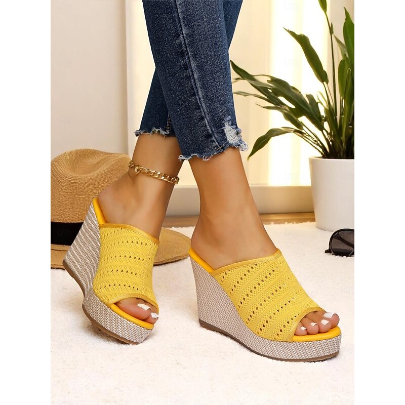 Women's Yellow Crochet Wedge Slide Sandals – Summer Open-Toe Espadrille Platform Shoes for Beach Vacations, Casual Outings, and Resort Wear3