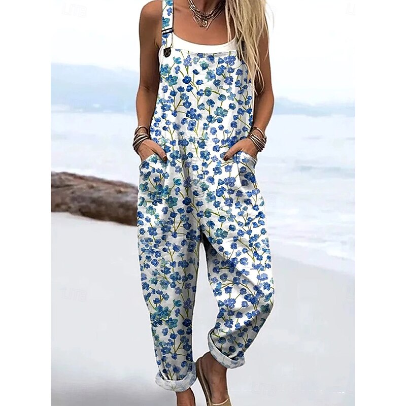 Women's Dungarees Active Floral Sleeveless Drawstring with Pocket Vacation Street Loose Fit Dusty Blue Purple Light Blue Summer3