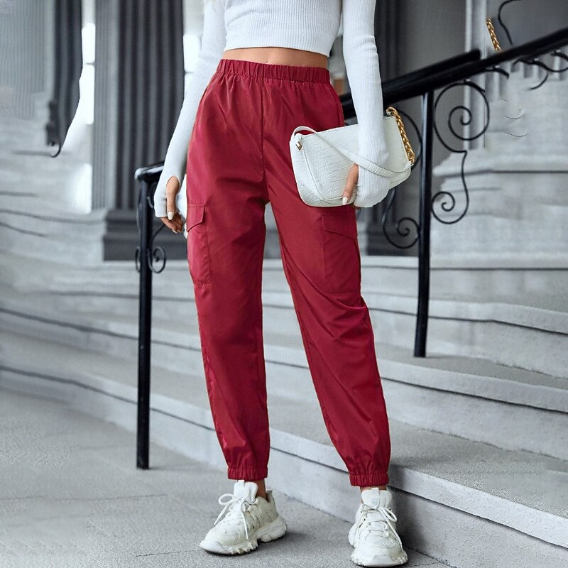 Women's Cargo Pants Slacks Fashion Streetwear Full Length Natural Plain Pocket Elastic Waist Comfy Outdoor Comfortable Street Going out Wine Black Pink Blue Summer Regular Fit4