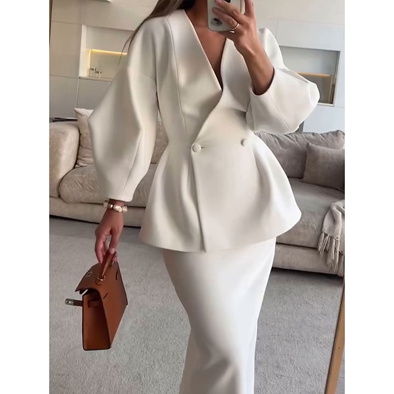 2 Pieces Tuxedo Dress Sets Sheath Formal Wedding Guest Formal Evening Elegant Simple Minimalist Long Sleeve Ankle Length V Neck Double Breasted3