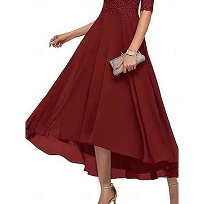 A-Line Mother of the Bride Dress Elegant Crew Neck Ankle Length Lace Half Sleeve with Solid Color2