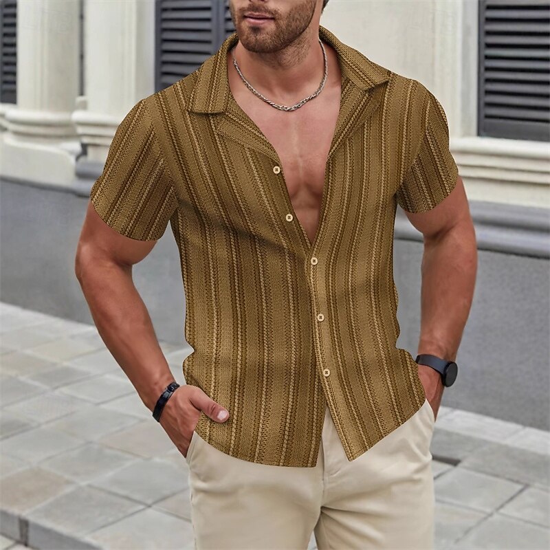 Men's Shirt Summer Shirt Casual Shirt Beach Shirt Button Up Shirt Black White Brown Apricot Short Sleeve Stripes Lapel Vacation Hawaiian Clothing Apparel Fashion Casual Comfortable4