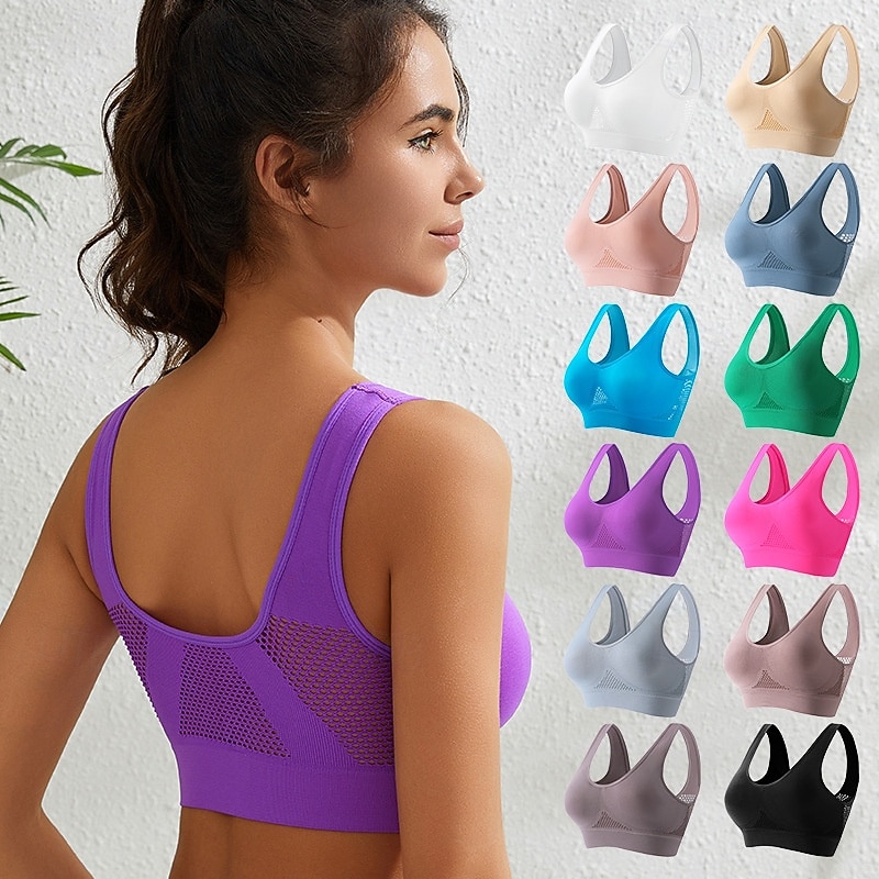 Women's Yoga Bra Sports Bra Pilates Bra Bra Top Push Up Seamless Anti-vibration Non-padded Wireless Solid / Plain Color Sport Activewear Light Blue Deep Purple Gym Zumba Running