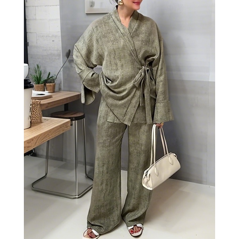 Women's Active Blouse Pants Sets Long Sleeve V Neck Plain Lace up Daily Holiday Going out Green Beige Fall Regular Fit