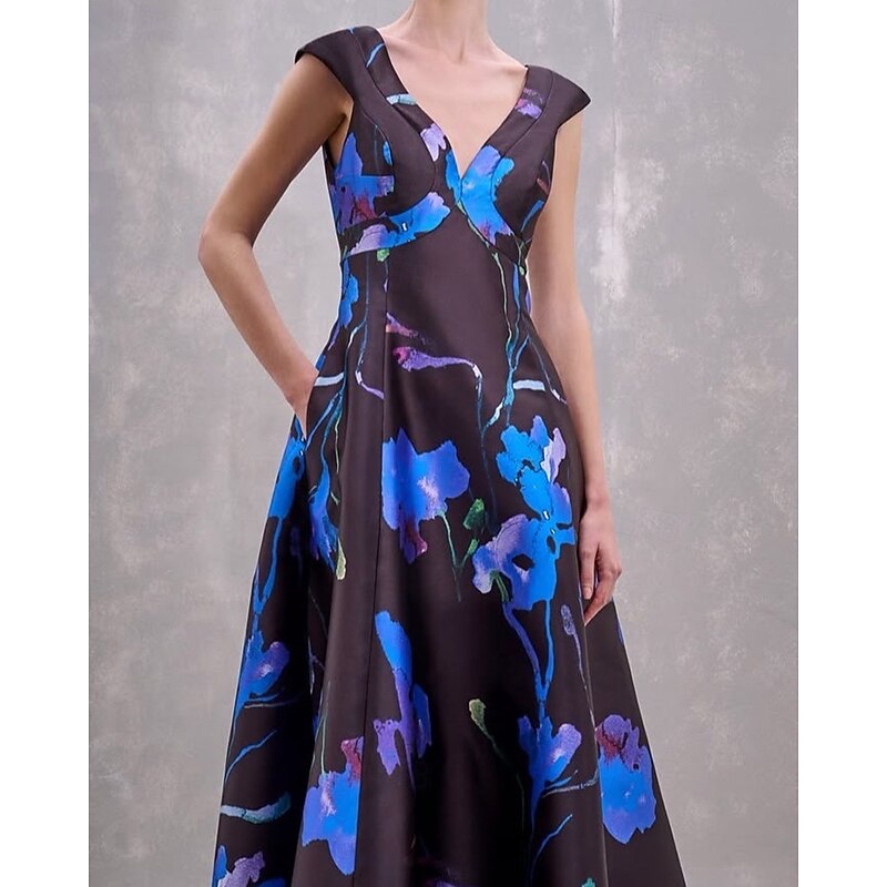 A-Line Evening Gown Elegant Dress Formal Wedding Floor Length Sleeveless V Neck Satin Wedding Guest Dress with Floral Print Pockets2