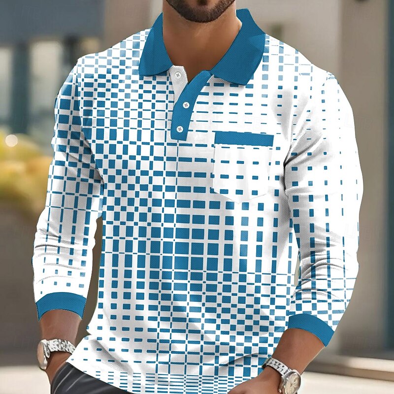 Men's Geometric Polo Long Sleeve Polo Shirts Collared Shirts Business Casual Business Athleisure Daily Wear Buttons Pocket 3D Print Spring Fall Winter Black Blue Sky Blue2