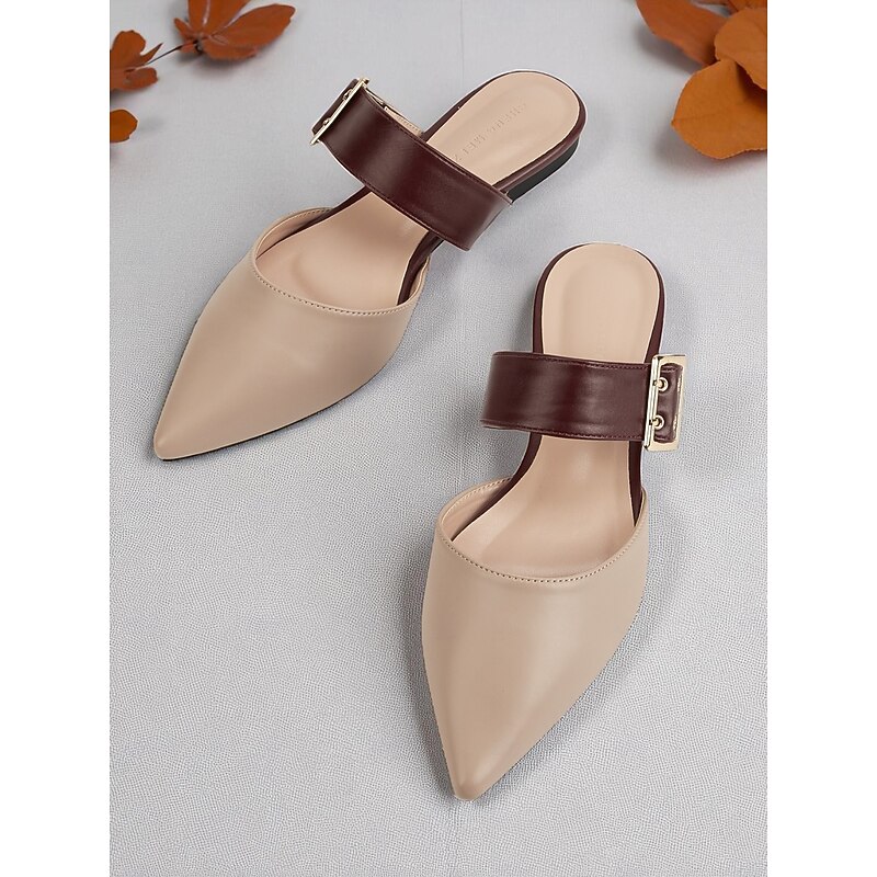 Women's Pointed Toe Slip-On Mules with Buckled Strap, Chic Two-Tone Flats for Casual Dates and Everyday Wear3
