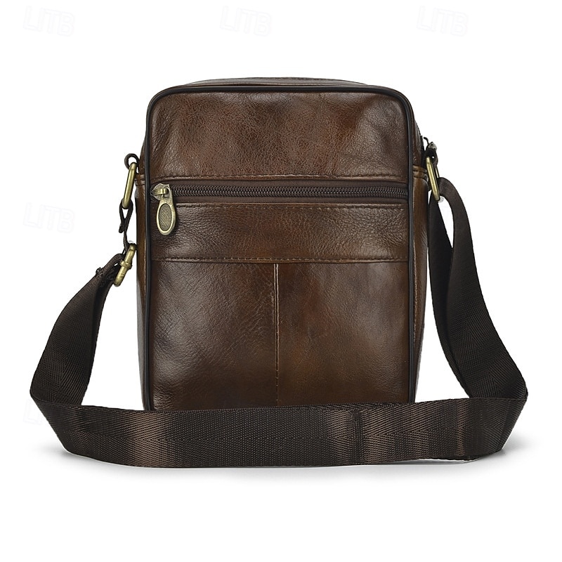 Men's Brown Leather Crossbody Bag with Multiple Zipper Pockets and Adjustable Strap, Vintage Small Shoulder Bag for Travel, Work and Daily Use4
