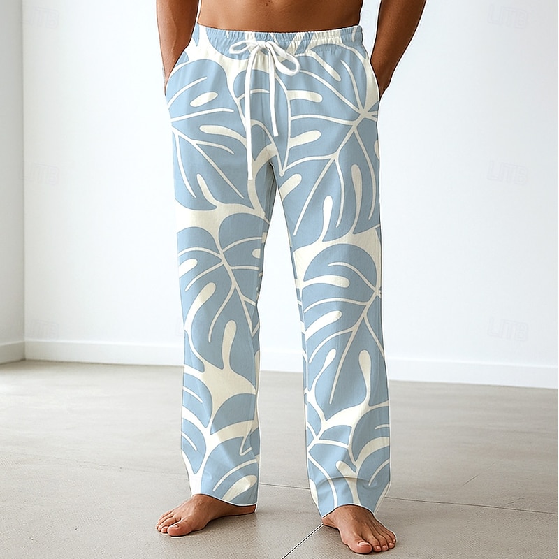 Men's Palm Leaf Tropical Plants Trousers Baggy Pants Casual Pants Mid Waist Hawaiian Vacation Holiday Beach Wear Drawstring Elastic Waist Wide Leg Summer Spring 3D Print Blue Green Gray