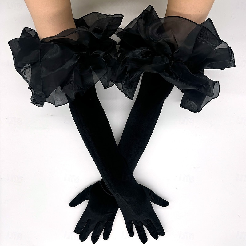 Velvet Elbow Length Glove Elegant With Ruffles Wedding / Party Glove2