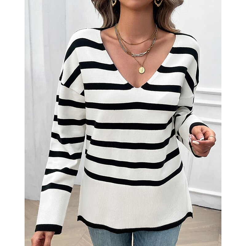Women's Sweater Pullover Casual Soft Striped Ribbed V Neck Patchwork Knitted Long Sleeve Regular Tops Knit Daily Holiday Going out Black White Fall Winter2