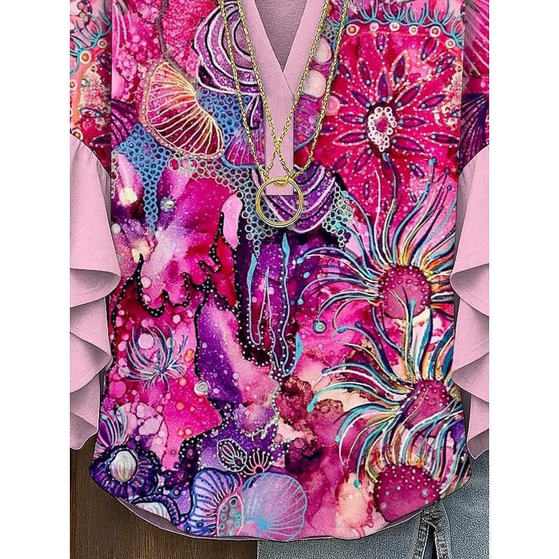 Women's Blouse V Neck Ombre Graphic Abstract Bohemia Vintage Daily 3/4 Length Sleeve Regular Tops Daily Holiday Vacation Wear Print Pink Blue Purple Orange Green Summer Spring Fall3