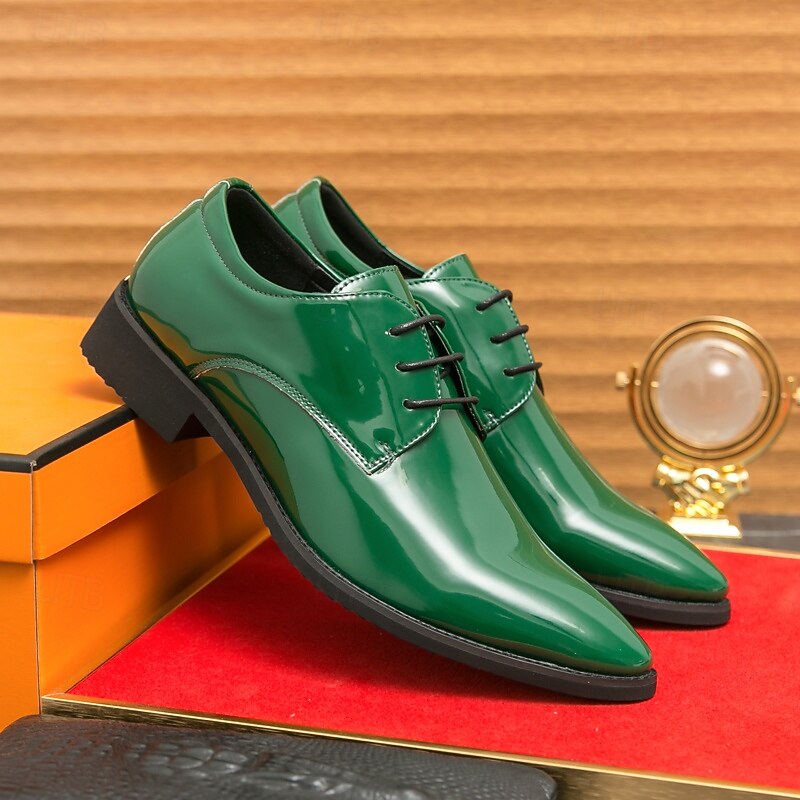 Green Patent Leather Lace-Up Shoes for Men – Glossy Formal Shoes with a Polished Finish, Ideal for Weddings and Evening Celebrations2