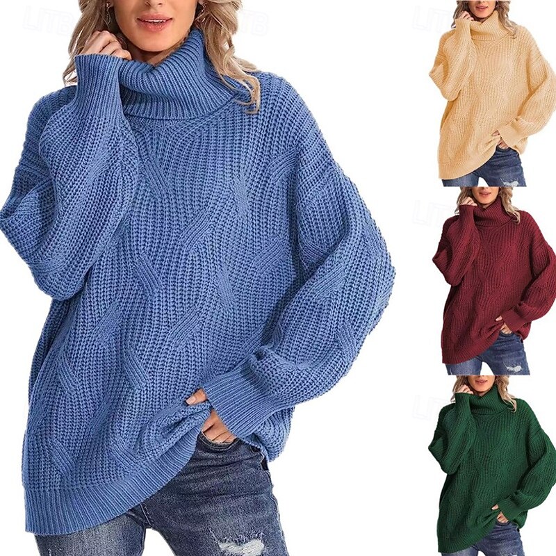 Women's Sweater Pullover Casual Solid Color Cable Turtleneck Knitted Long Sleeve Regular Tops Knit Outdoor Daily Going out Wine Blue Fall