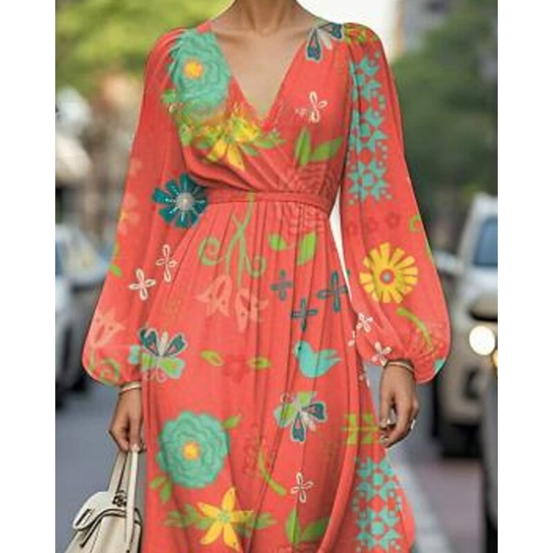 Women's Midi Dress Casual Dress Print Dress Elegant Fashion Outdoor Party Holiday Regular Fit Flower Long Sleeve V Neck Orange Summer Spring2