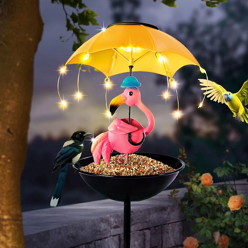Outdoor Solar Landscape Lights Wrought Iron Flamingo Waterproof Statue Lamp Bee Lawn Lamp with Hummingbird Feeder Function Christmas Thanksgiving Gift for Yard Lawn Terrace Garden Decoration
