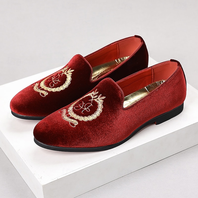 Men's Burgundy Velvet Loafers with Embroidered Crest – Slip-On Party Dress Shoes for Weddings, Banquets & Festive Occasions2
