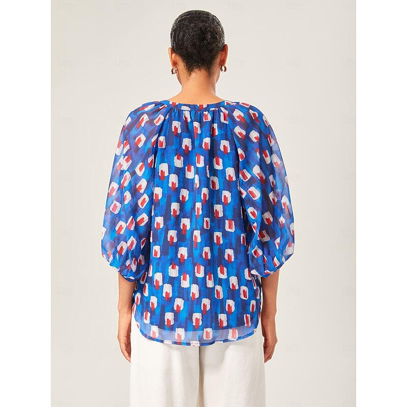 Geometric Chiffon Lantern Sleeve Top2