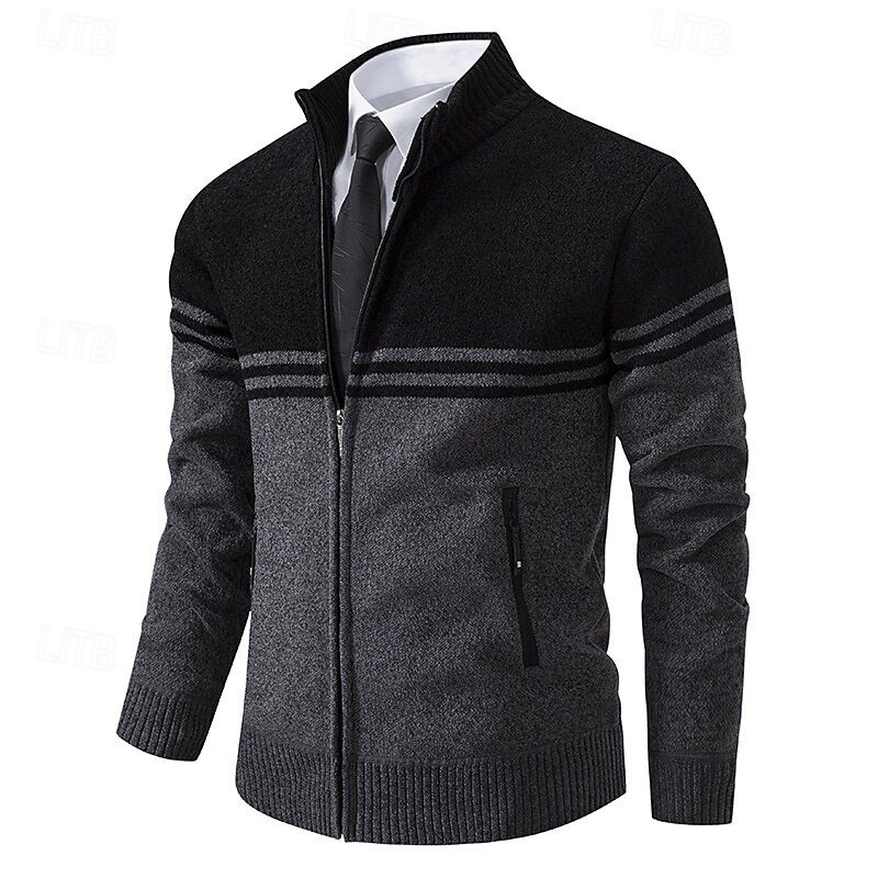 Men's Sweater Cardigan Sweater Cropped  Sweater Ribbed Knit Regular Tops Knitted Color Block Stand Collar Warm Ups Modern Contemporary Office Casual Clothing Apparel Fall Winter Black Navy Blue M L XL3