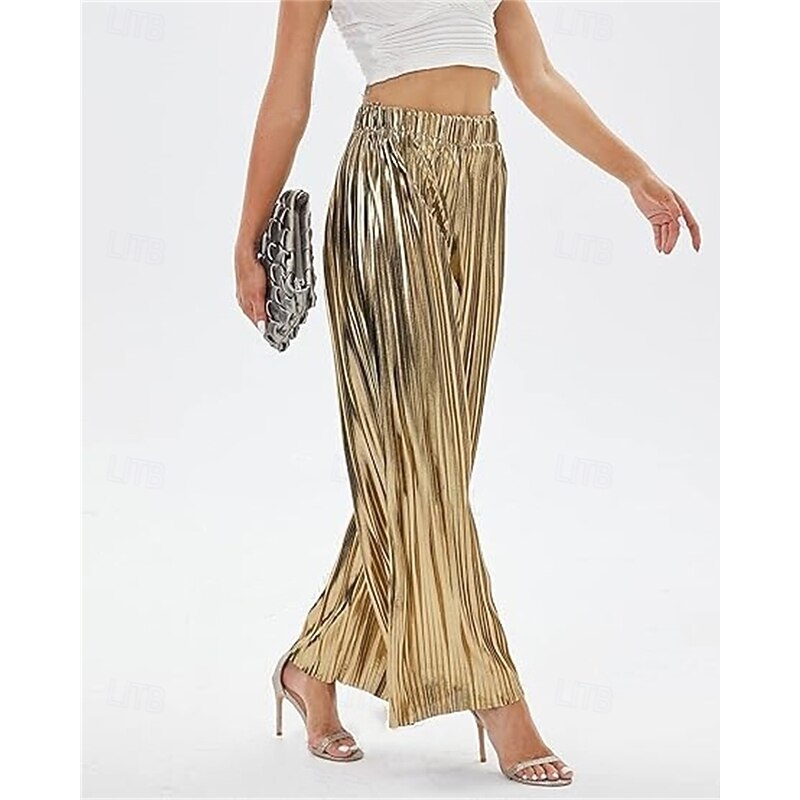Women's Pants Trousers Palazzo Pants Fashion Streetwear Full Length High Waist Plain Elastic Waist Breathability Comfortable Micro-elastic Party Going out Silver Black Gold Spring Fall Regular Fit4
