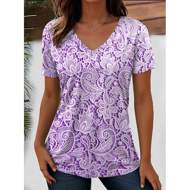 Women's T Shirt Floral Graphic Plants Vintage Fashion Hawaiian Short Sleeve V Neck Regular Tops Daily Going out Weekend Print Pink Blue Purple Green off-white Summer Spring3