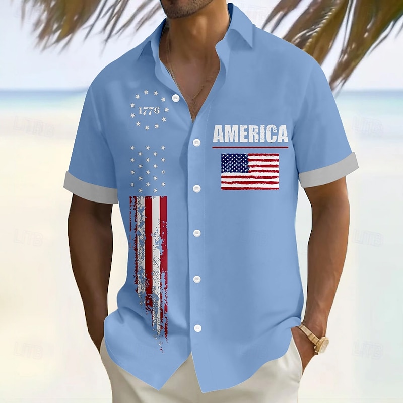 Independence Day Men's American US Flag Patriotic 1776 Shirt Summer Shirt Button Up Shirt Short Sleeve Fashion Casual Outdoor Vacation Dailywear Summer Turndown 3D Print Linen Like Shirt White Red3