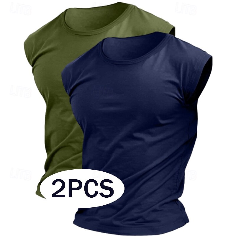 Men's T Shirt Moisture Wicking Shirts Sleeveless Short Sleeve Crew Neck Summer Plain Sports Fashion Lightweight 2 Piece Vacation Casual Holiday Blue+Light Blue Green & White White+Blue Top Tee for Men