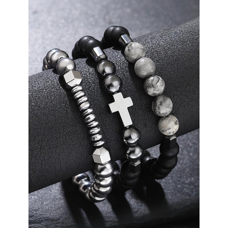 Men's Obsidian Beaded Cross Bracelet Set - Multi-layered matte obsidian and metal beads with grey gemstone decoration, Stretch design, Bohemian style, Ssuitable for daily wear or casual outing4