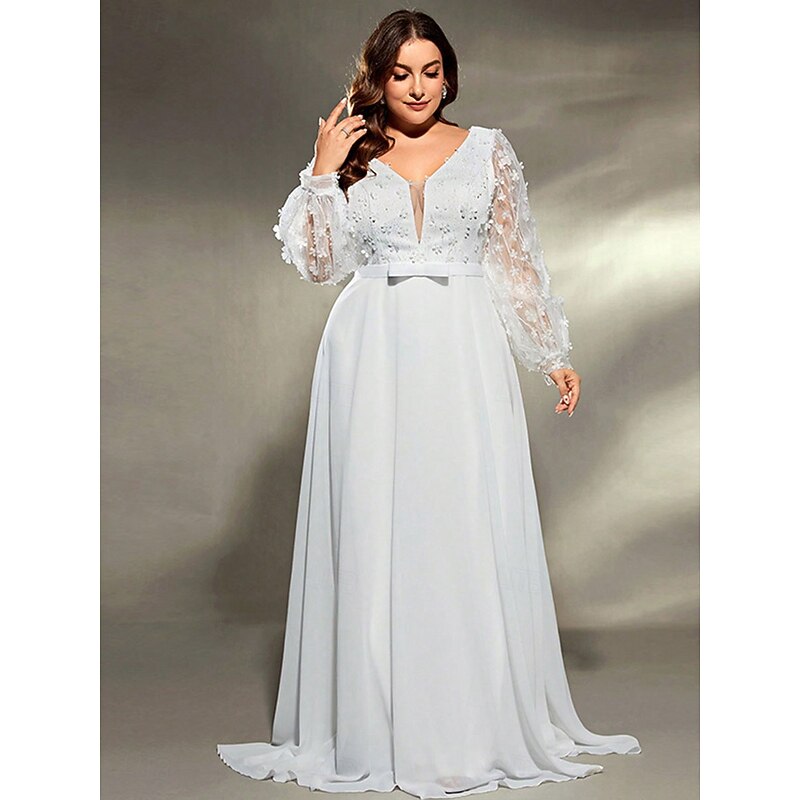 A-Line Evening Gown Elegant Dress Formal Wedding Sweep / Brush Train Long Sleeve V Neck Chiffon with Pleats4